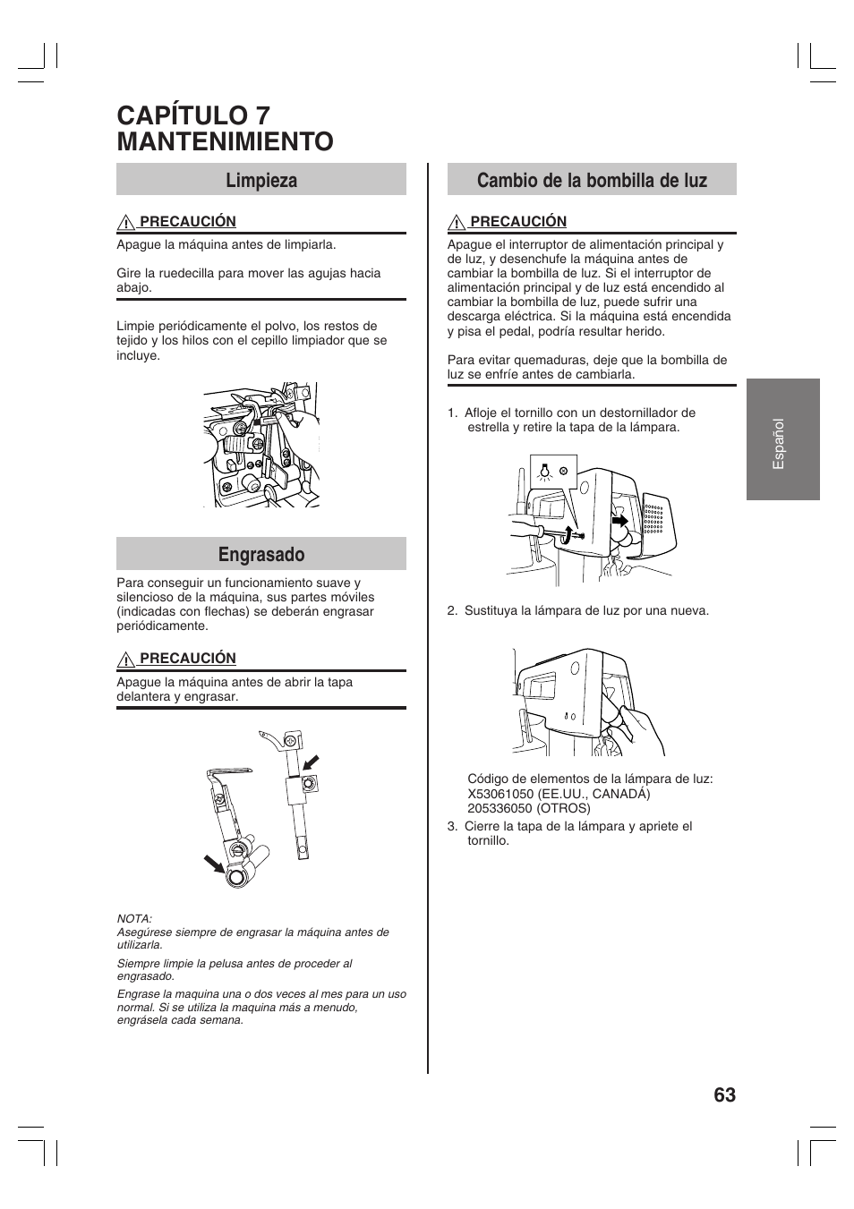 Capítulo 7 mantenimiento, Cambio de la bombilla de luz, Limpieza | Engrasado | Brother 3034D User Manual | Page 65 / 76