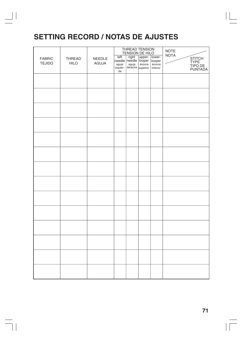 Setting record / notas de ajustes | Brother 3034D User Manual | Page 73 / 76