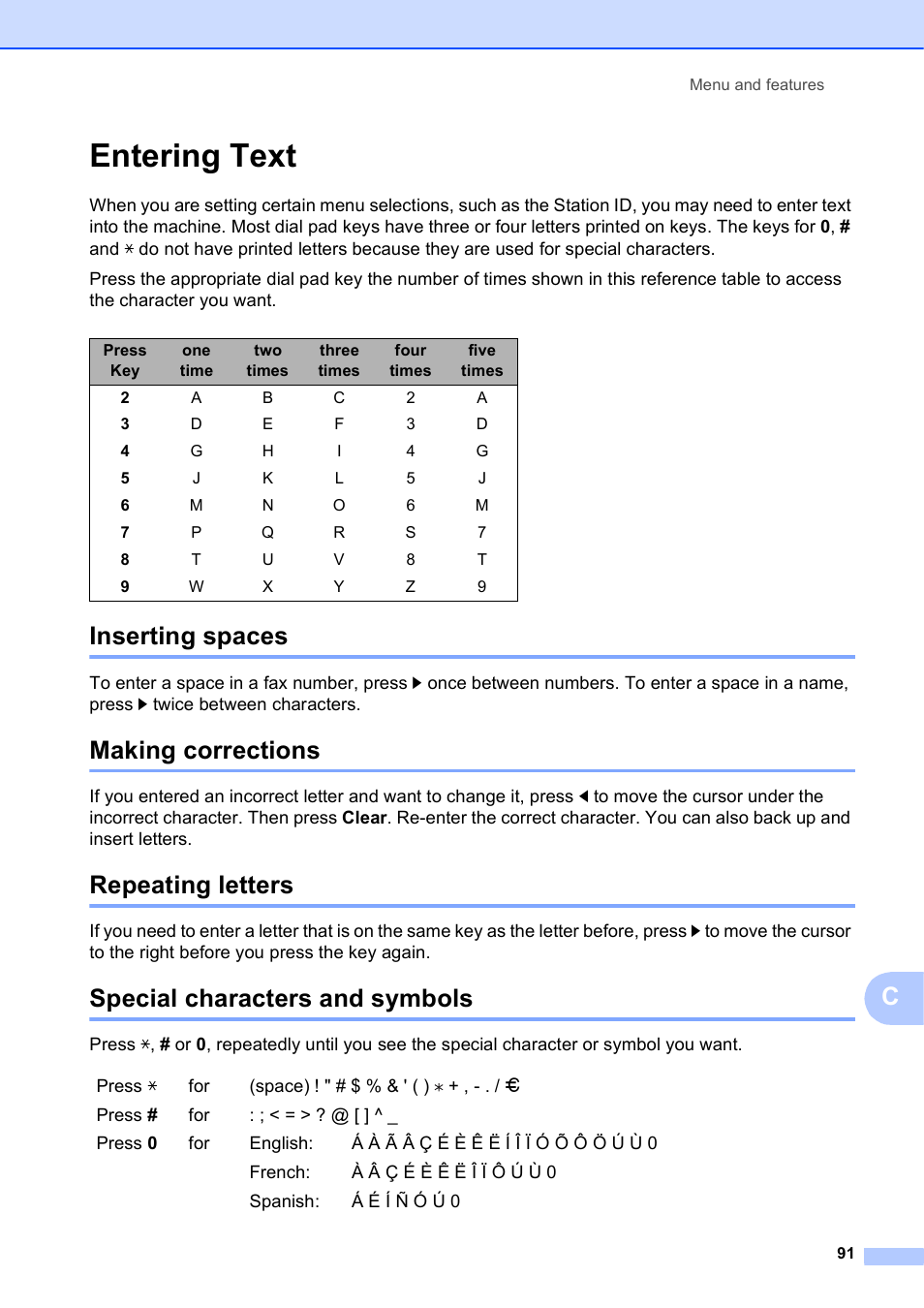 Entering text, Inserting spaces, Making corrections | Repeating letters, Special characters and symbols | Brother MFC-J410W User Manual | Page 105 / 122