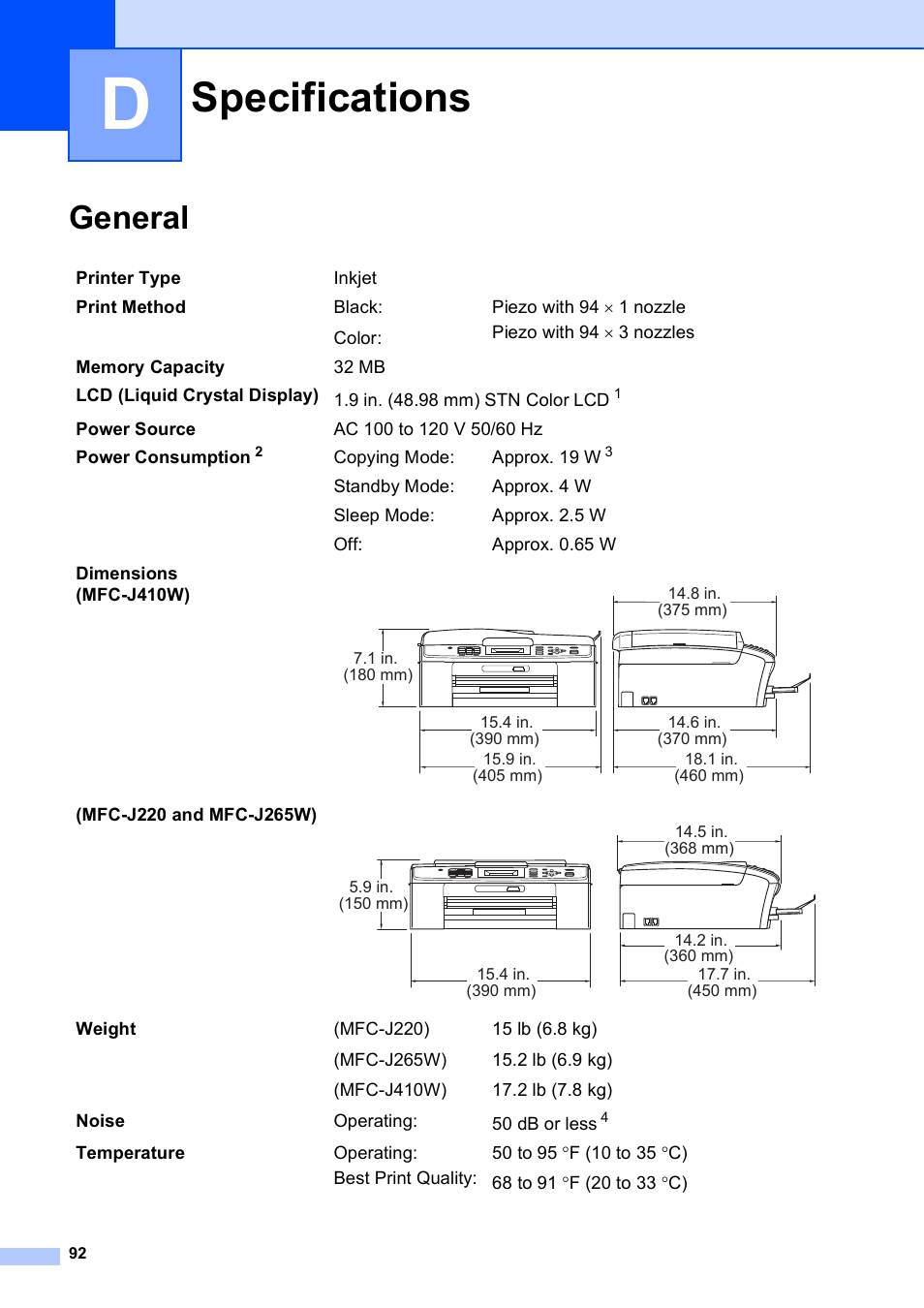 D specifications, General, Specifications | Brother MFC-J410W User Manual | Page 106 / 122