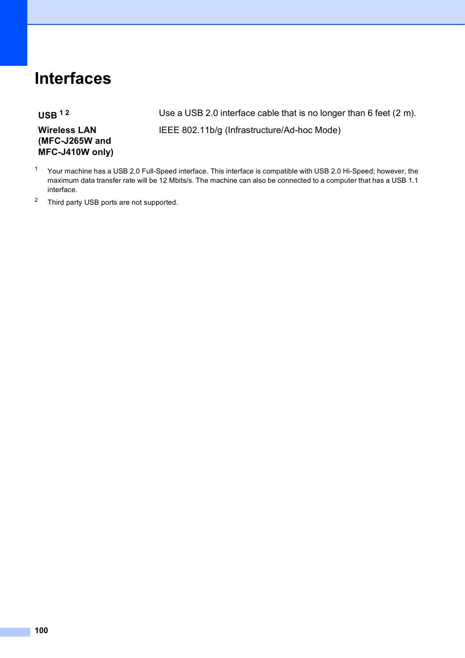 Interfaces | Brother MFC-J410W User Manual | Page 114 / 122