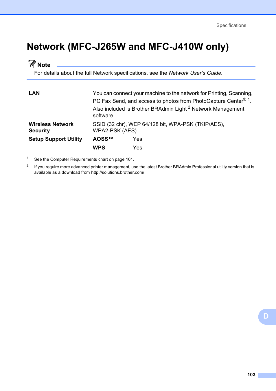 Network (mfc-j265w and mfc-j410w only) | Brother MFC-J410W User Manual | Page 117 / 122