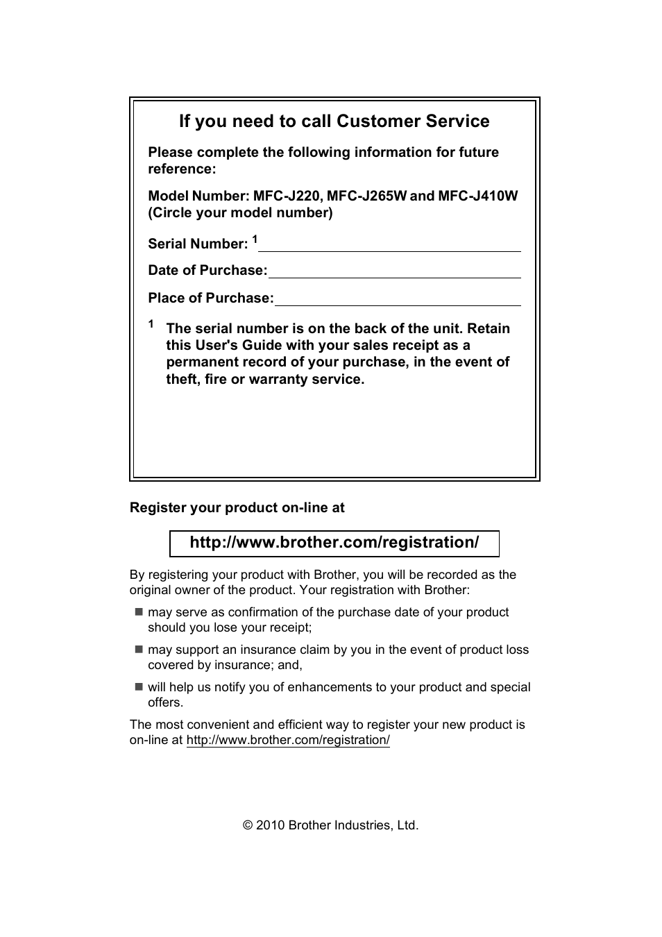 If you need to call customer service | Brother MFC-J410W User Manual | Page 2 / 122