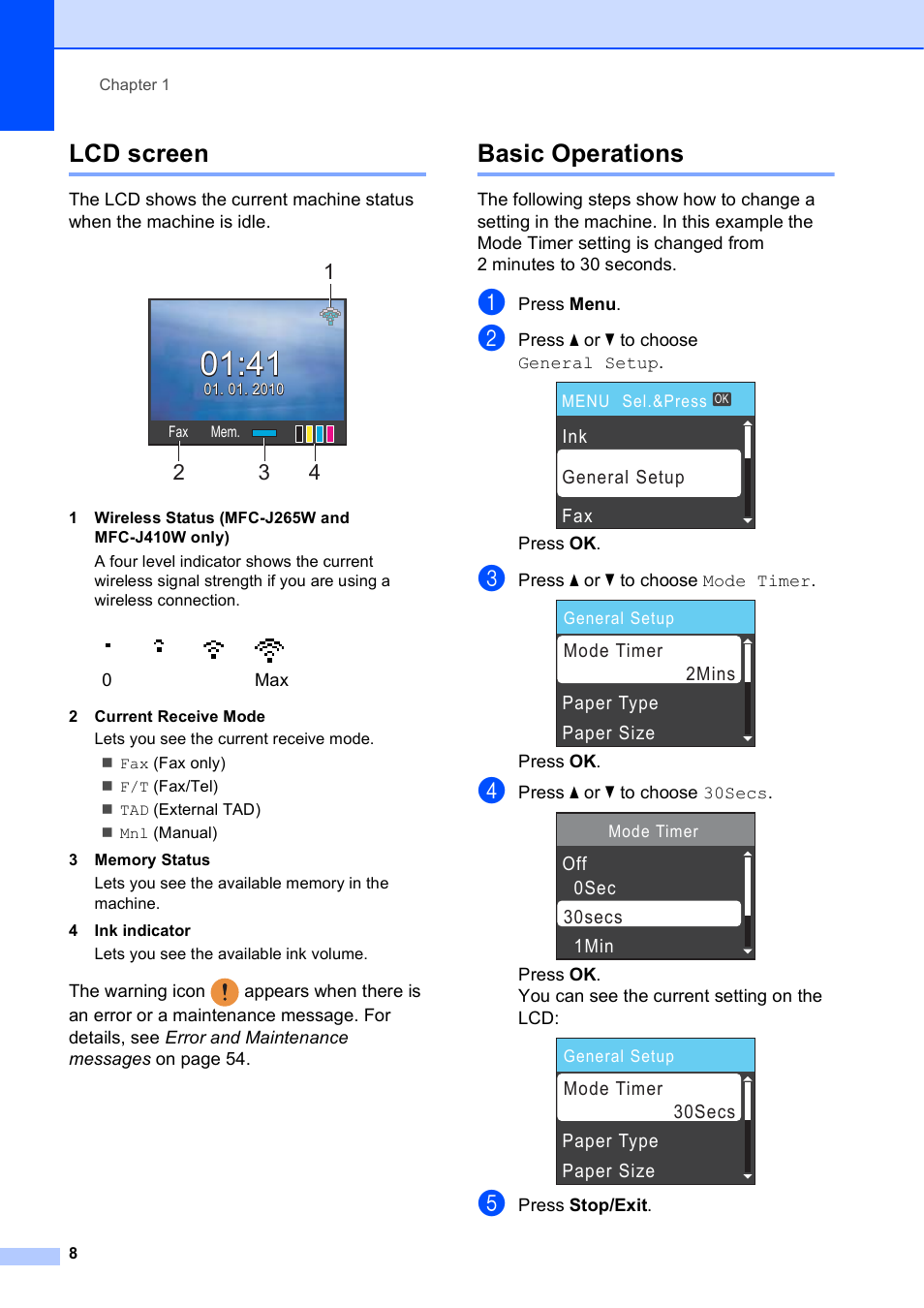 Lcd screen, Basic operations, Lcd screen basic operations | Brother MFC-J410W User Manual | Page 22 / 122