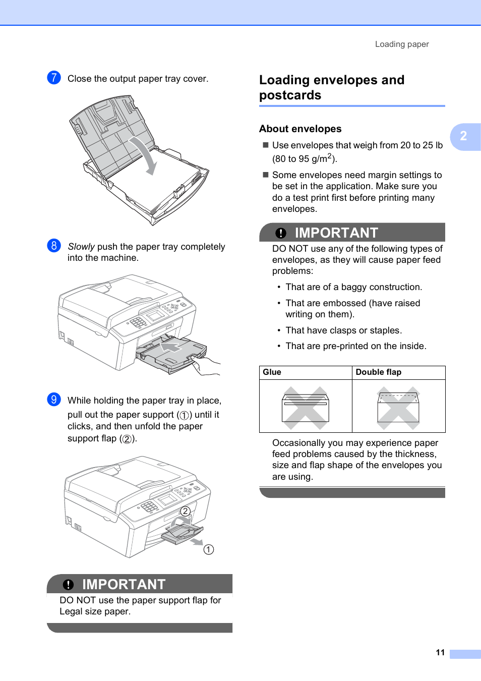 Loading envelopes and postcards, About envelopes, Important | Brother MFC-J410W User Manual | Page 25 / 122