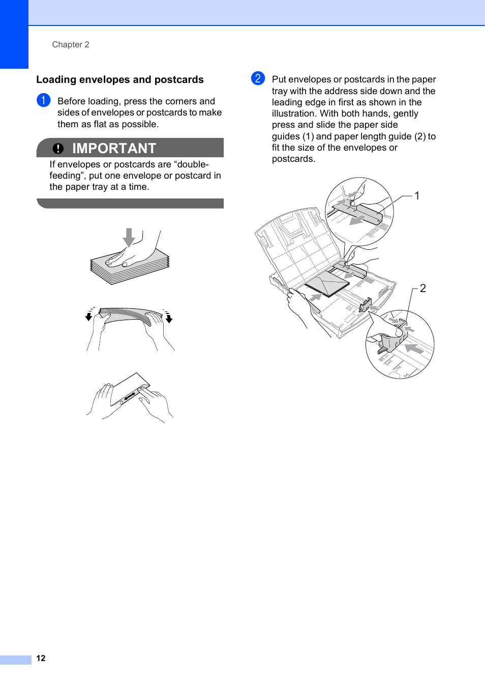 Loading envelopes and postcards, Important | Brother MFC-J410W User Manual | Page 26 / 122