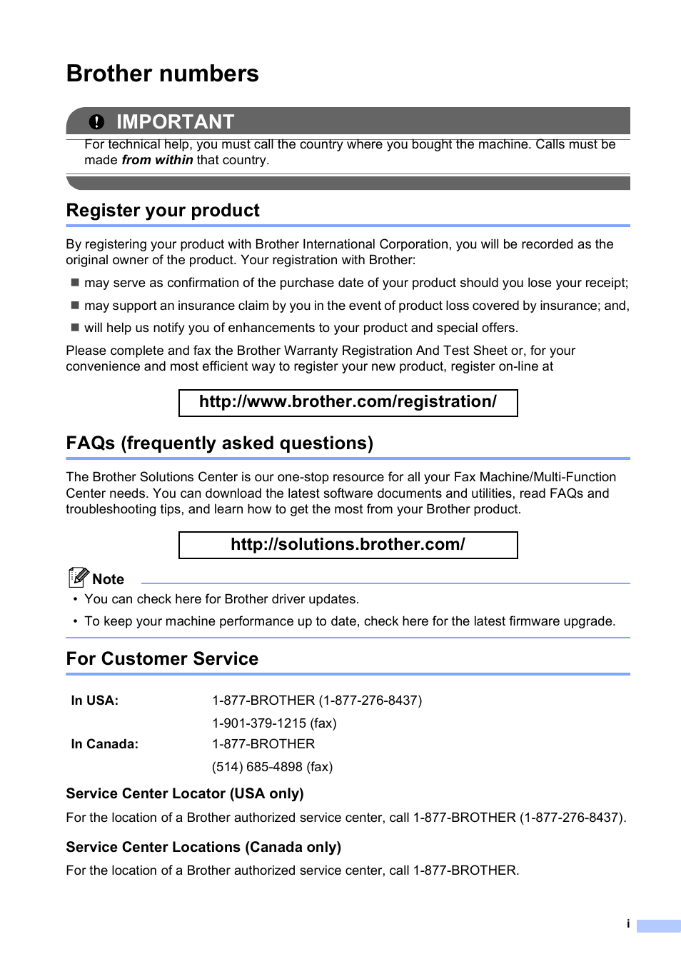 Brother numbers, Register your product, Faqs (frequently asked questions) | For customer service, Important | Brother MFC-J410W User Manual | Page 3 / 122