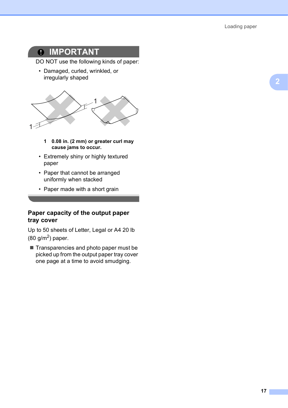 Paper capacity of the output paper tray cover, Important | Brother MFC-J410W User Manual | Page 31 / 122