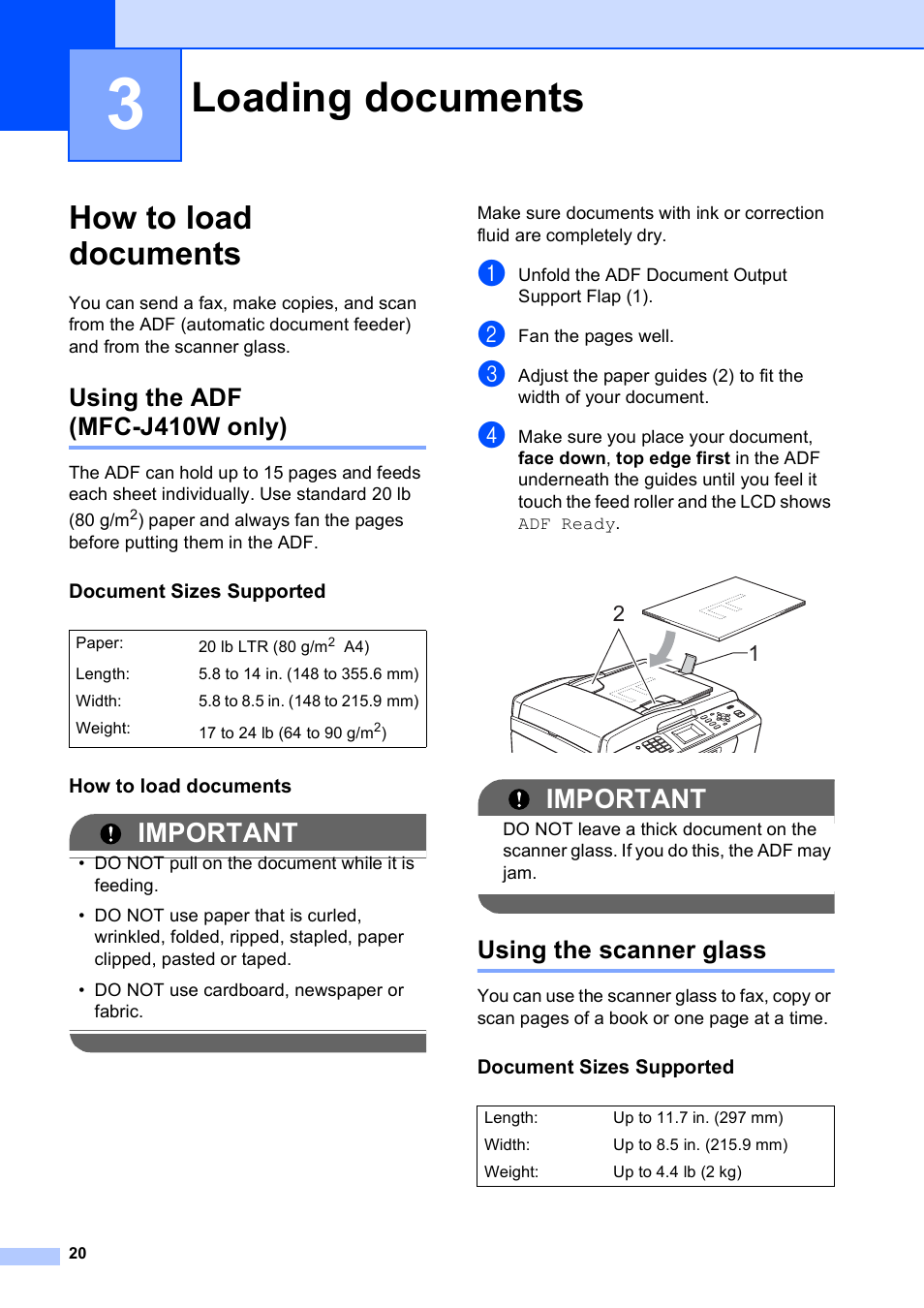 3 loading documents, How to load documents, Using the adf (mfc-j410w only) | Document sizes supported, Using the scanner glass, Loading documents, Important | Brother MFC-J410W User Manual | Page 34 / 122