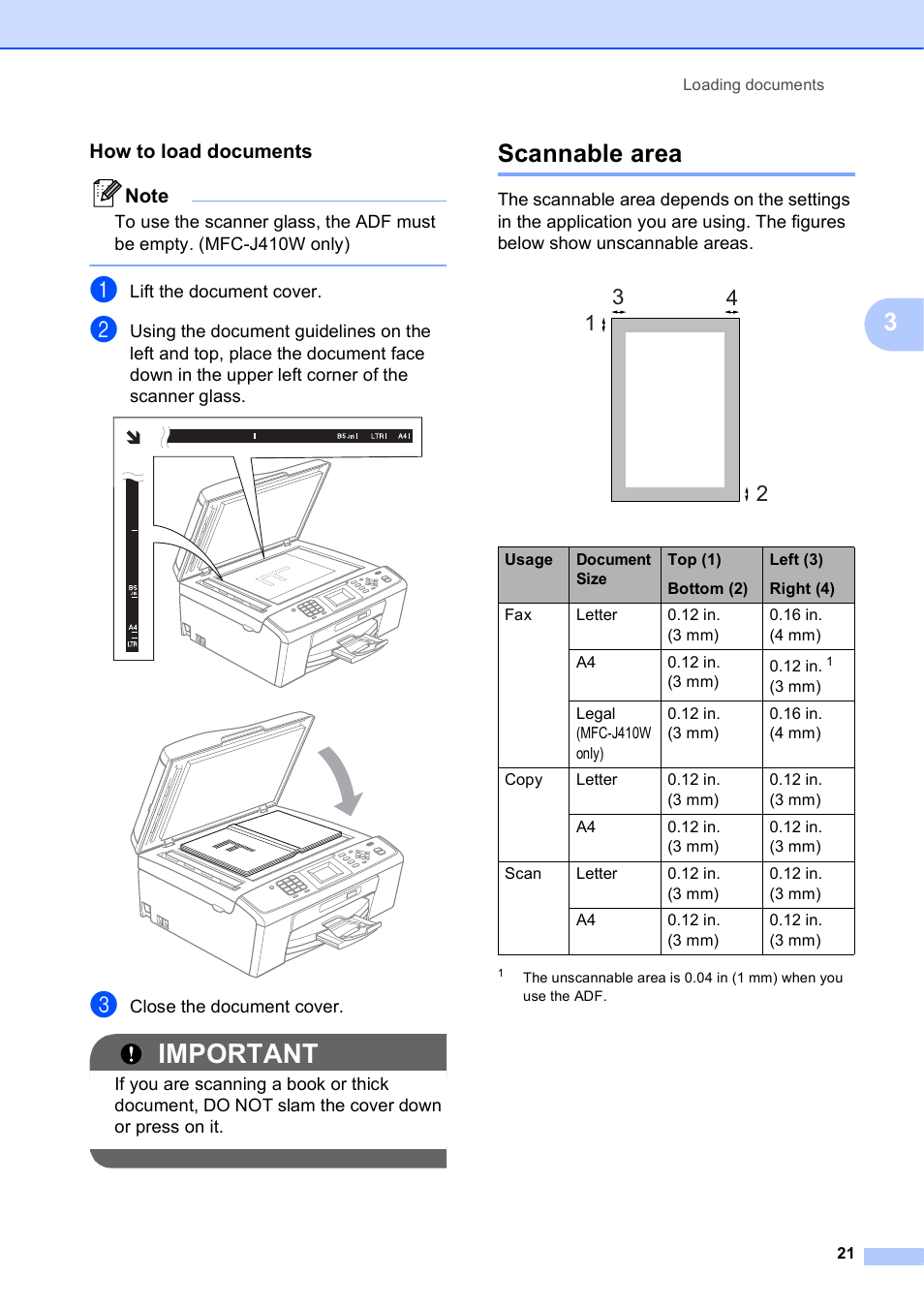 How to load documents, Scannable area, Important | Brother MFC-J410W User Manual | Page 35 / 122