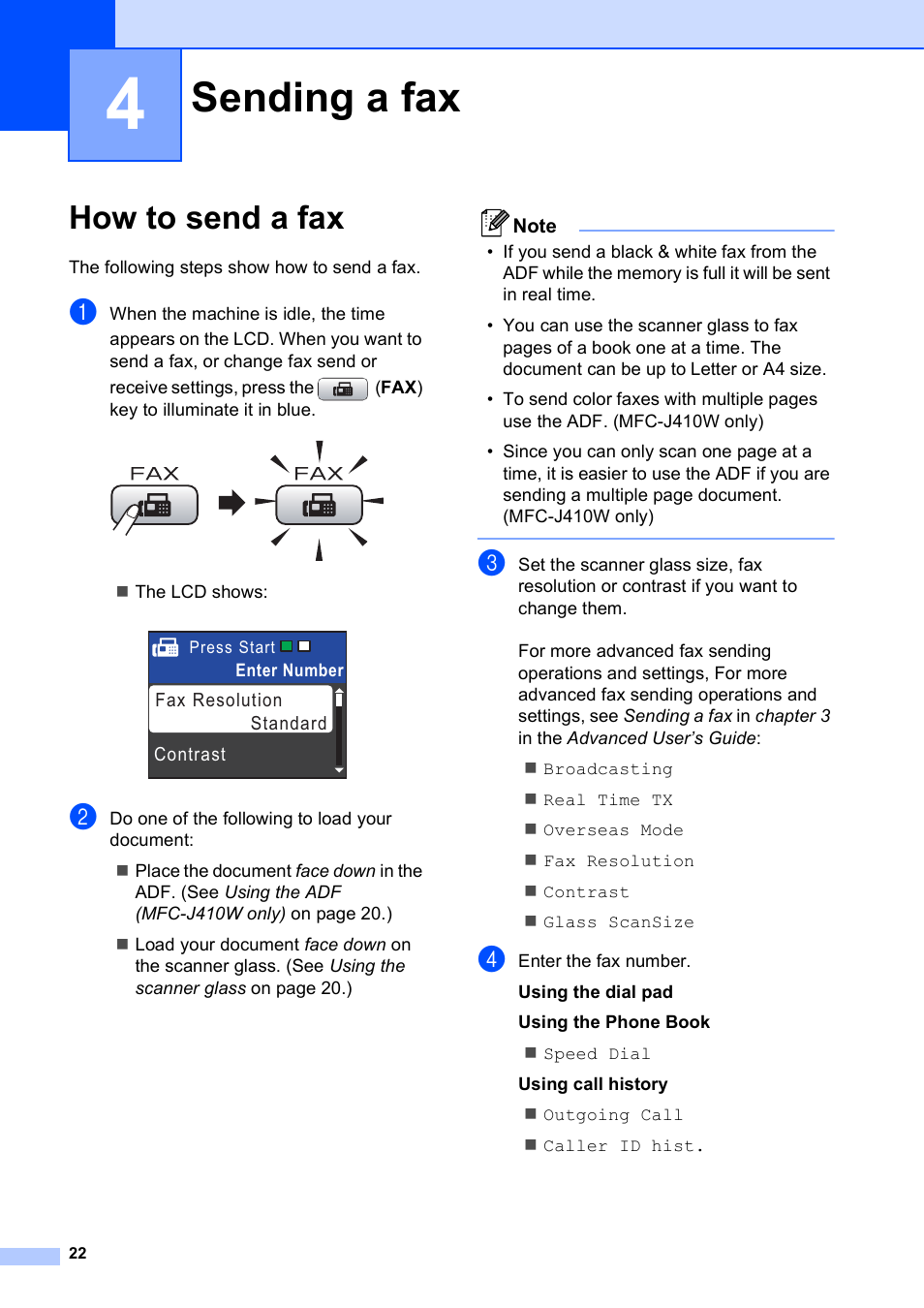4 sending a fax, How to send a fax, Sending a fax | Brother MFC-J410W User Manual | Page 36 / 122