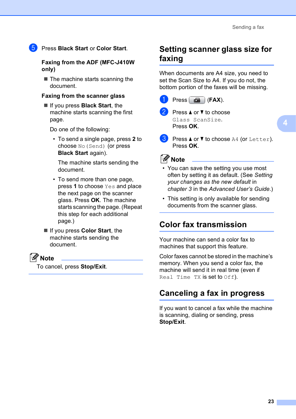 Setting scanner glass size for faxing, Color fax transmission, Canceling a fax in progress | Brother MFC-J410W User Manual | Page 37 / 122