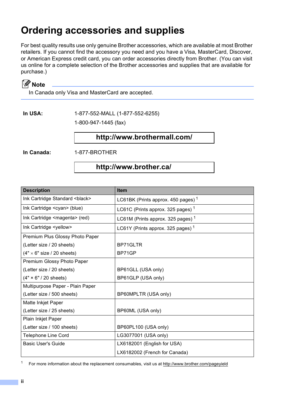 Ordering accessories and supplies | Brother MFC-J410W User Manual | Page 4 / 122