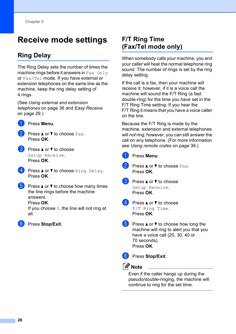 Receive mode settings, Ring delay, F/t ring time (fax/tel mode only) | Ring delay f/t ring time (fax/tel mode only) | Brother MFC-J410W User Manual | Page 42 / 122