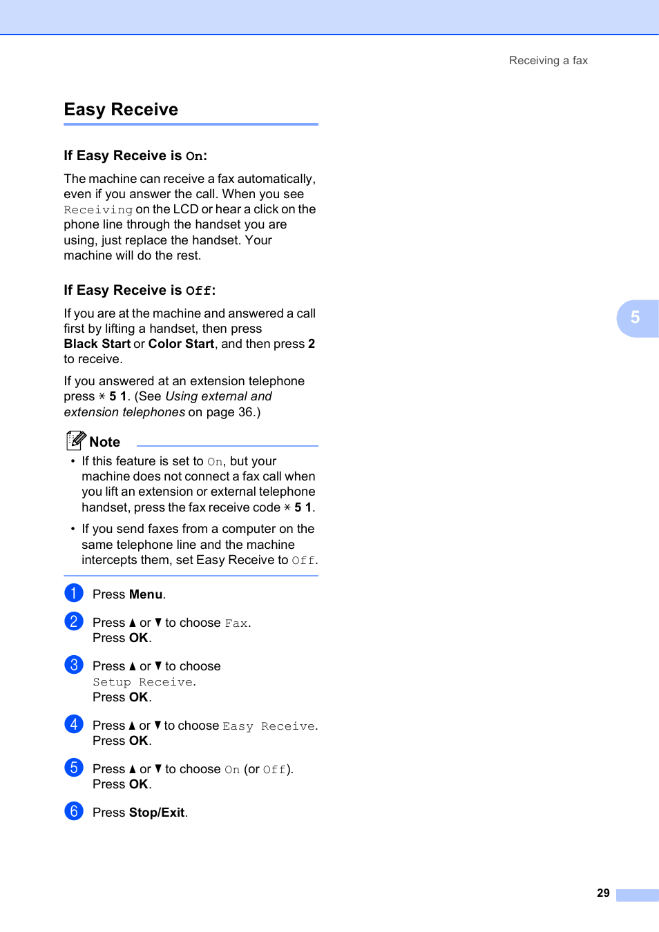 Easy receive, If easy receive is on, If easy receive is off | 5easy receive | Brother MFC-J410W User Manual | Page 43 / 122