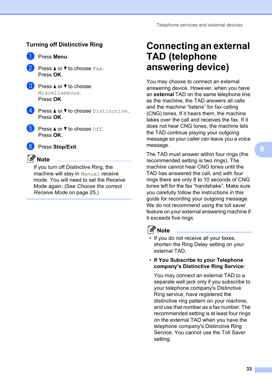 Turning off distinctive ring | Brother MFC-J410W User Manual | Page 47 / 122