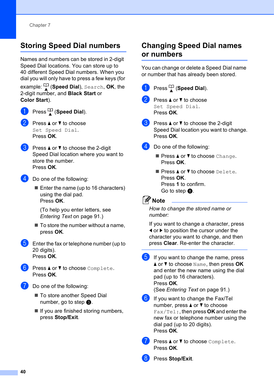 Storing speed dial numbers, Changing speed dial names or numbers | Brother MFC-J410W User Manual | Page 54 / 122