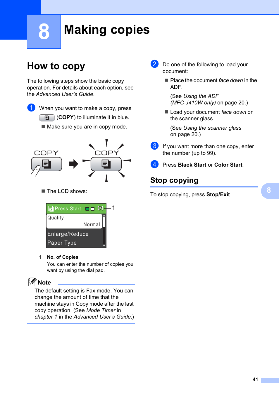 8 making copies, How to copy, Stop copying | Making copies | Brother MFC-J410W User Manual | Page 55 / 122