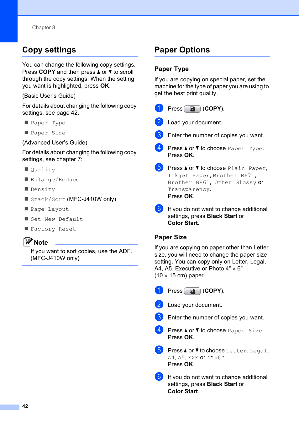 Copy settings, Paper options, Paper type | Paper size, Copy settings paper options | Brother MFC-J410W User Manual | Page 56 / 122