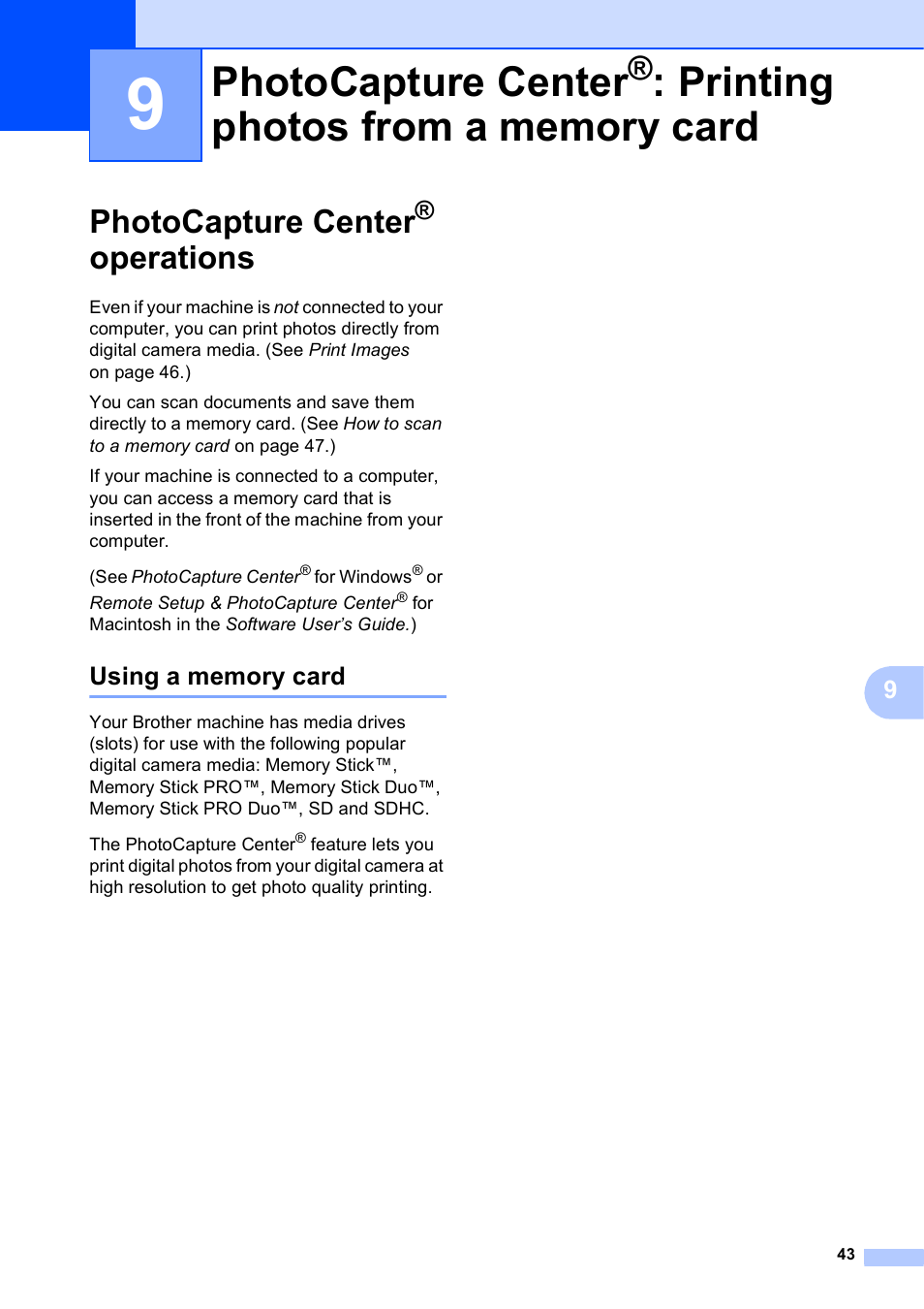 Photocapture center® operations, Using a memory card, Photocapture center | Printing photos from a memory card, Operations | Brother MFC-J410W User Manual | Page 57 / 122