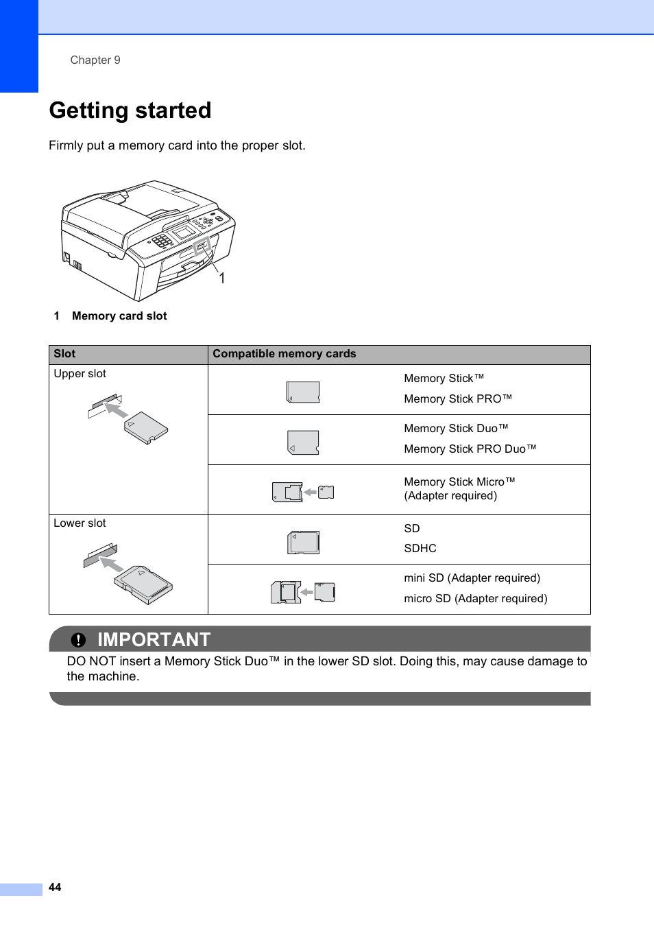 Getting started, Important | Brother MFC-J410W User Manual | Page 58 / 122