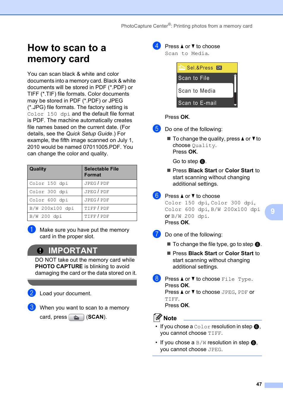 How to scan to a memory card, Important | Brother MFC-J410W User Manual | Page 61 / 122