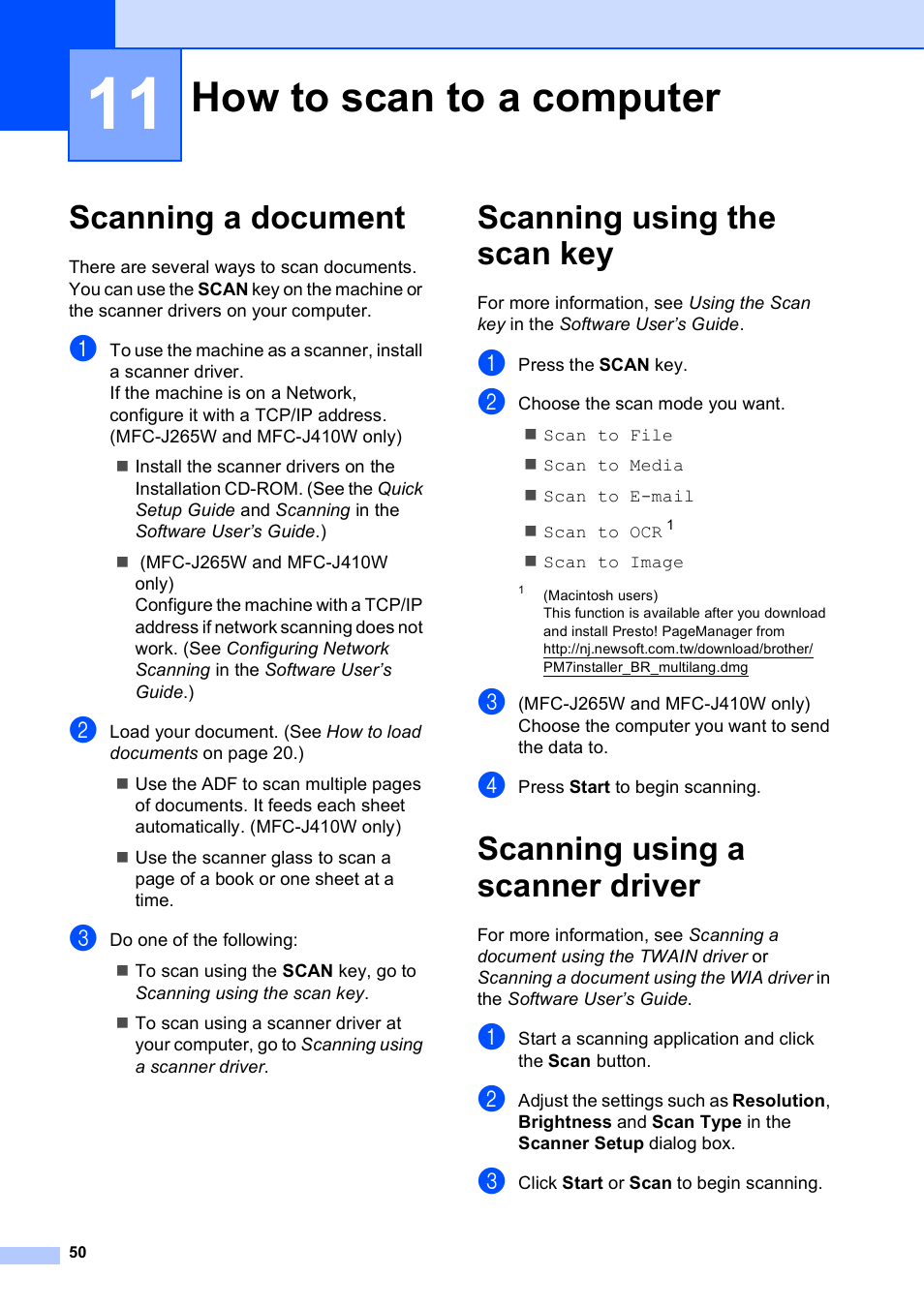 11 how to scan to a computer, Scanning a document, Scanning using the scan key | Scanning using a scanner driver, How to scan to a computer | Brother MFC-J410W User Manual | Page 64 / 122