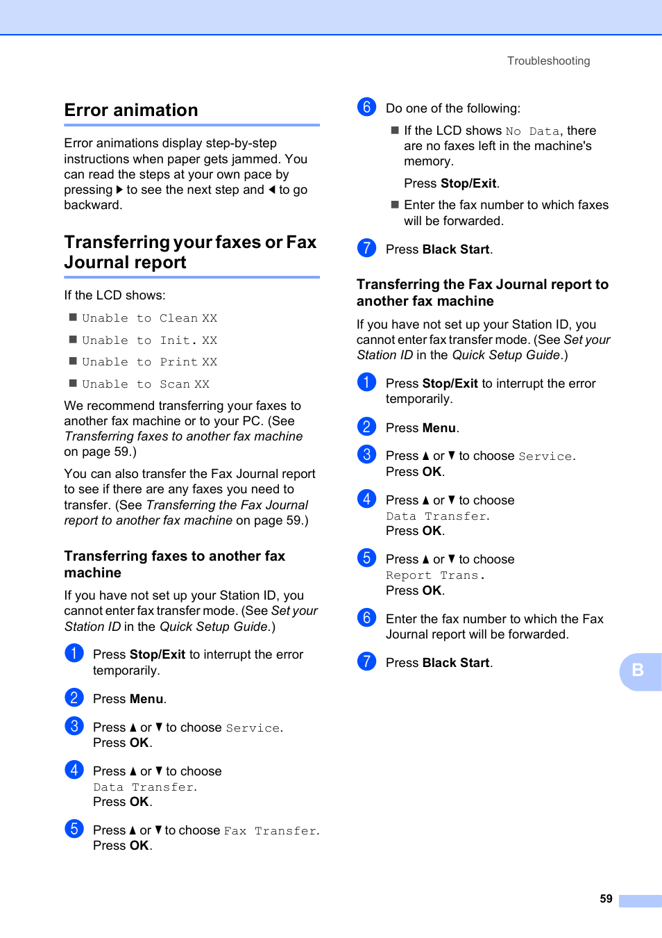 Error animation, Transferring your faxes or fax journal report, Transferring faxes to another fax machine | Berror animation | Brother MFC-J410W User Manual | Page 73 / 122