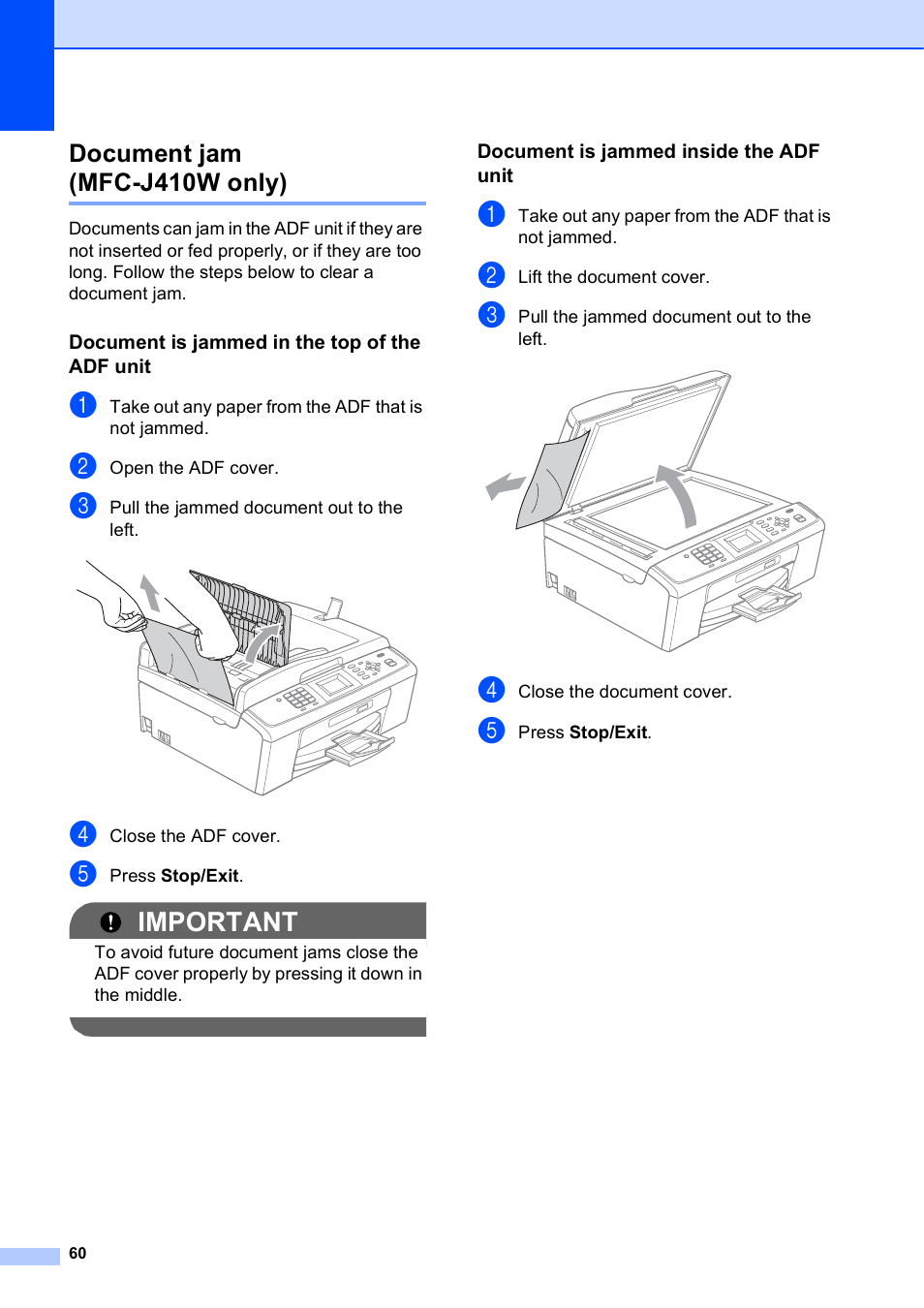 Document jam (mfc-j410w only), Document is jammed in the top of the adf unit, Document is jammed inside the adf unit | Important | Brother MFC-J410W User Manual | Page 74 / 122