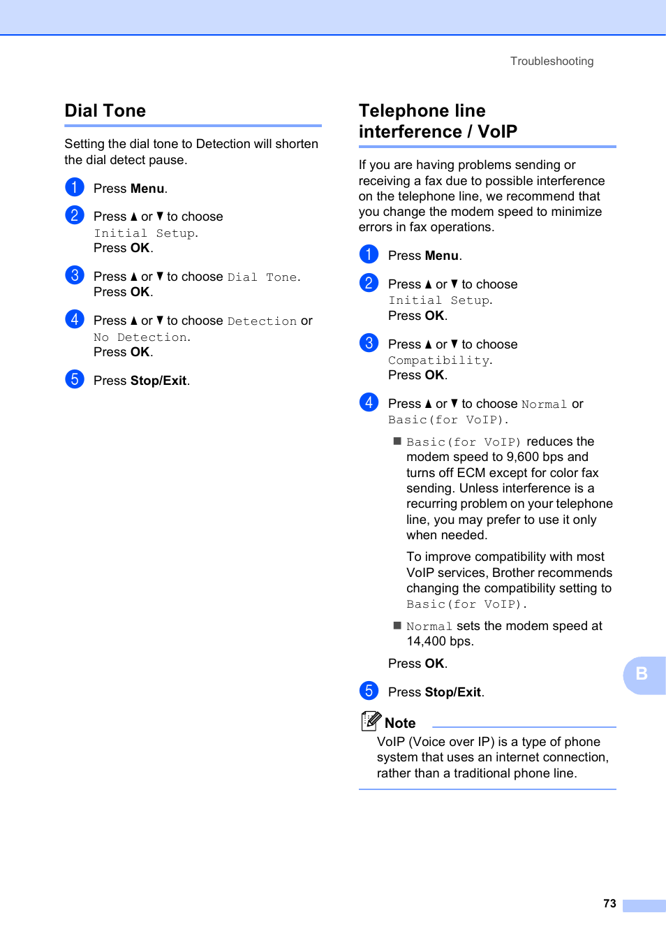 Dial tone, Telephone line interference / voip, Dial tone telephone line interference / voip | Bdial tone | Brother MFC-J410W User Manual | Page 87 / 122