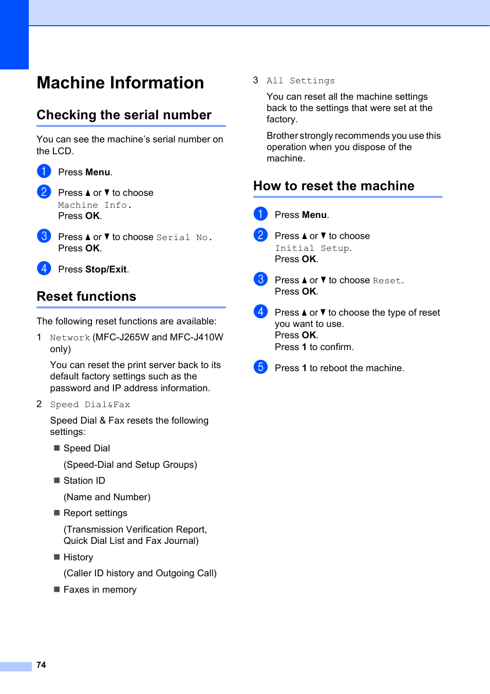 Machine information, Checking the serial number, Reset functions | How to reset the machine | Brother MFC-J410W User Manual | Page 88 / 122