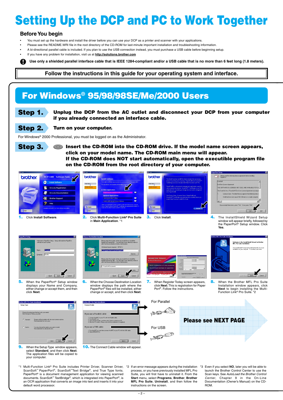 Setting up the dcp and pc to work together, For windows, Step 1 | Step 2, Step 3, Please see next page, Before you begin | Brother DCP-1400 User Manual | Page 2 / 4