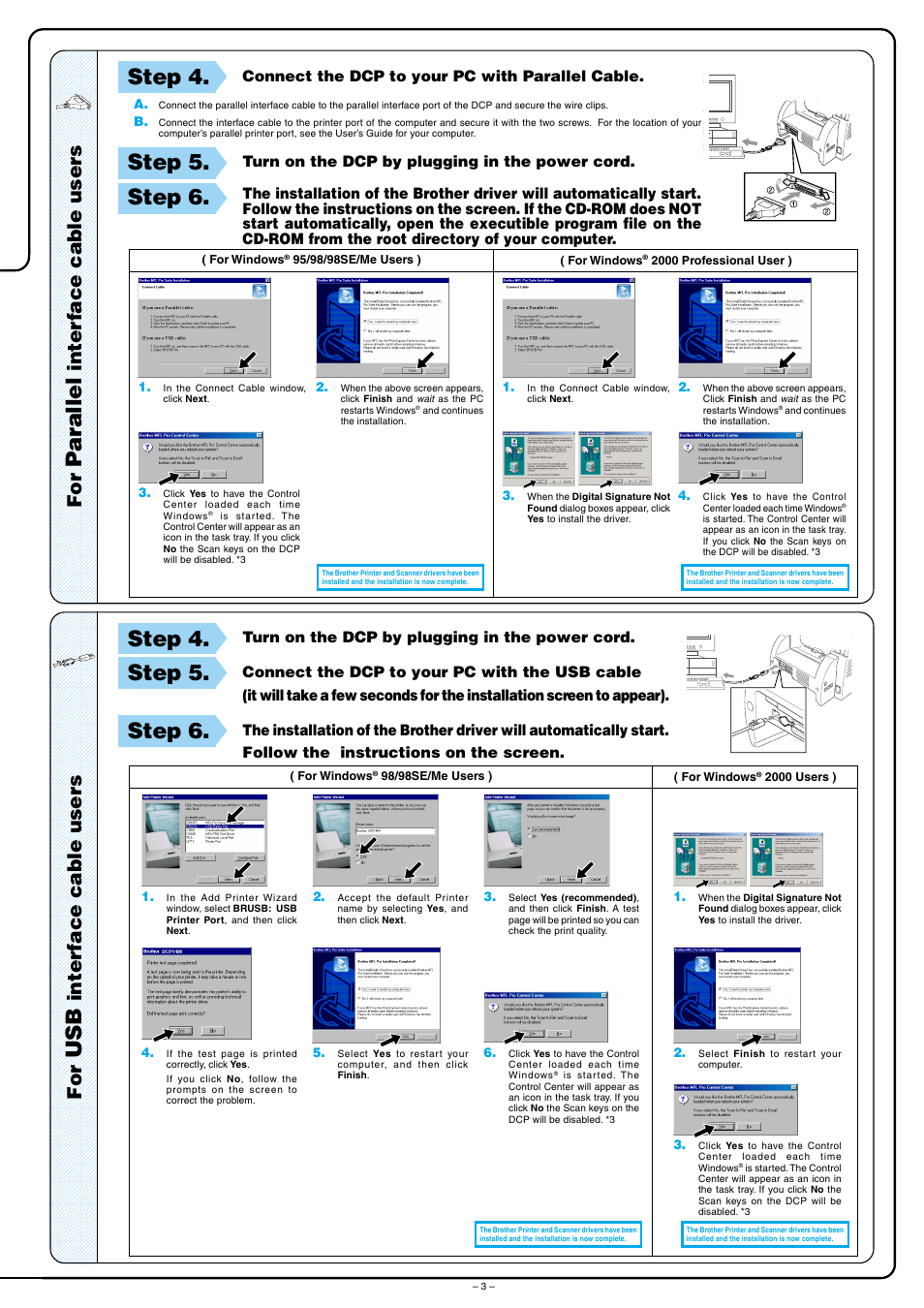 Parallel, Step 4, Step 5 | Step 6, Inter face cable users | Brother DCP-1400 User Manual | Page 3 / 4