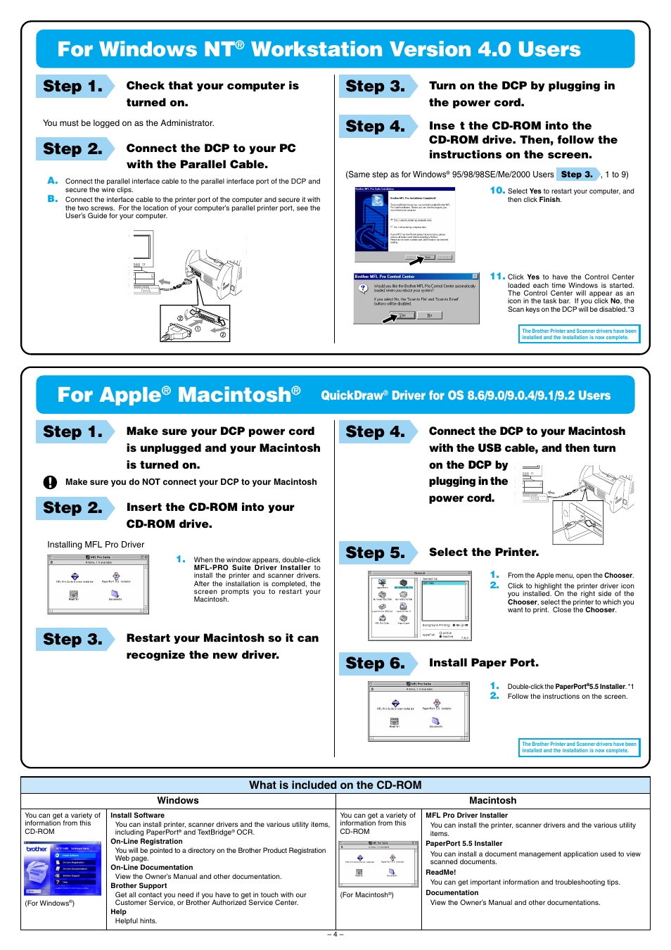 For windows nt, Workstation version 4.0 users, For apple | Macintosh, Step 1, Step 2, Step 3, Step 4, Step 5, Step 6 | Brother DCP-1400 User Manual | Page 4 / 4