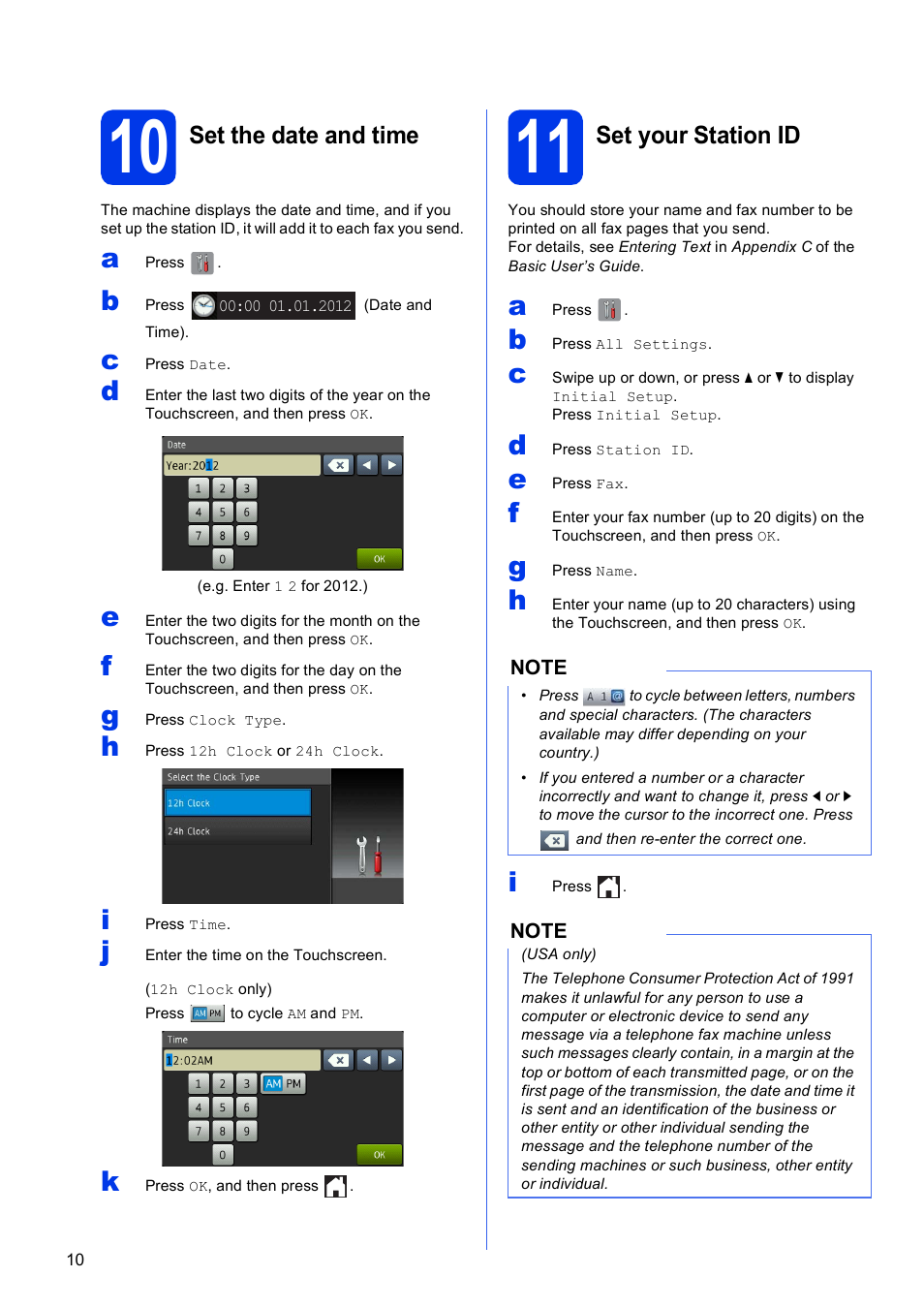 10 set the date and time, 11 set your station id, Set the date and time | Set your station id | Brother MFC-J4710DW User Manual | Page 10 / 46