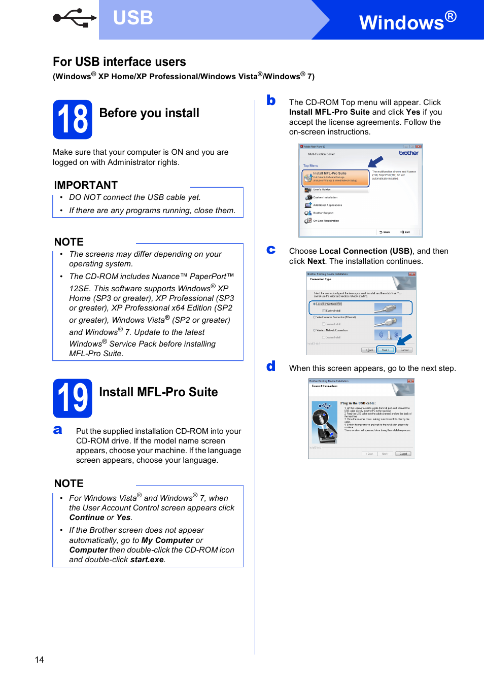 18 before you install, 19 install mfl-pro suite, Windows | For usb interface users, Before you install, Install mfl-pro suite | Brother MFC-J4710DW User Manual | Page 14 / 46