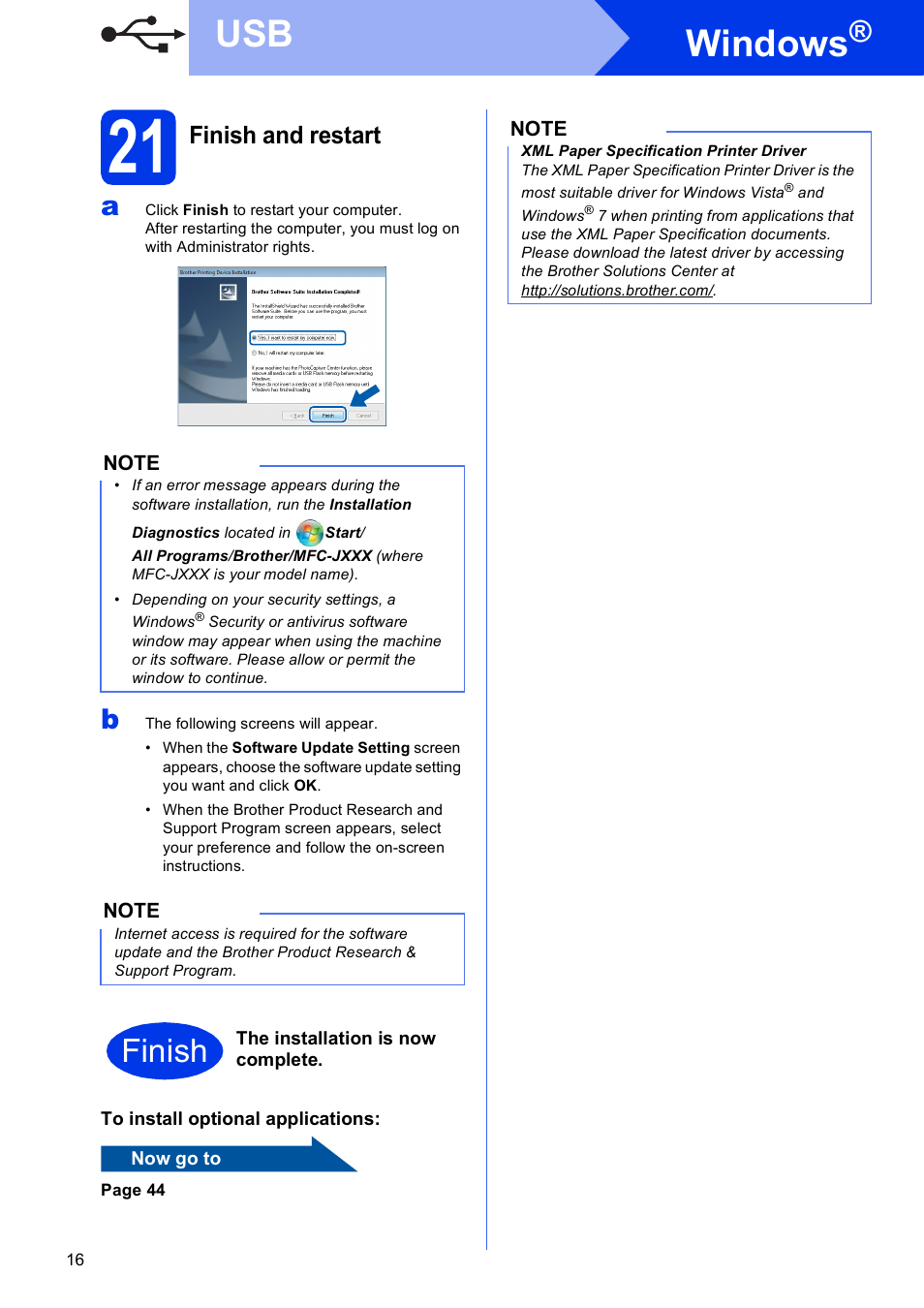 21 finish and restart, Windows, Finish | Finish and restart | Brother MFC-J4710DW User Manual | Page 16 / 46