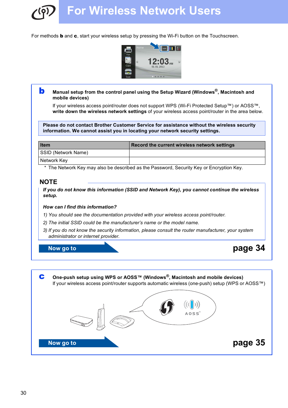 For wireless network users, Page 34 c, Page 35 | Brother MFC-J4710DW User Manual | Page 30 / 46