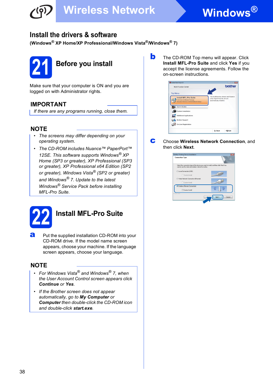 21 before you install, 22 install mfl-pro suite, Windows | Wireless network, Install the drivers & software, Before you install, Install mfl-pro suite | Brother MFC-J4710DW User Manual | Page 38 / 46