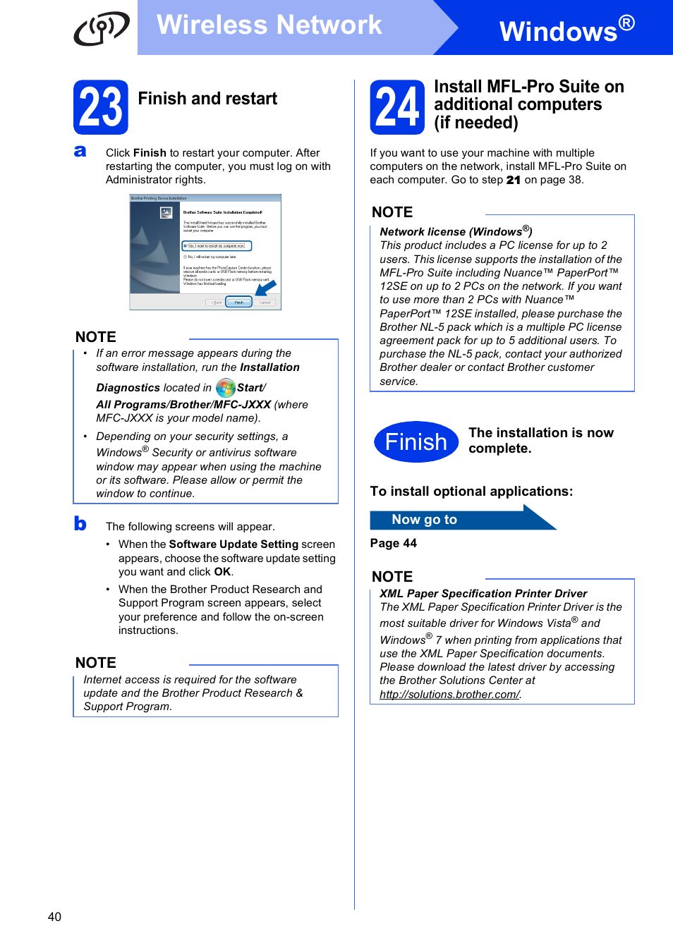 23 finish and restart, Windows, Wireless network | Finish, Finish and restart | Brother MFC-J4710DW User Manual | Page 40 / 46