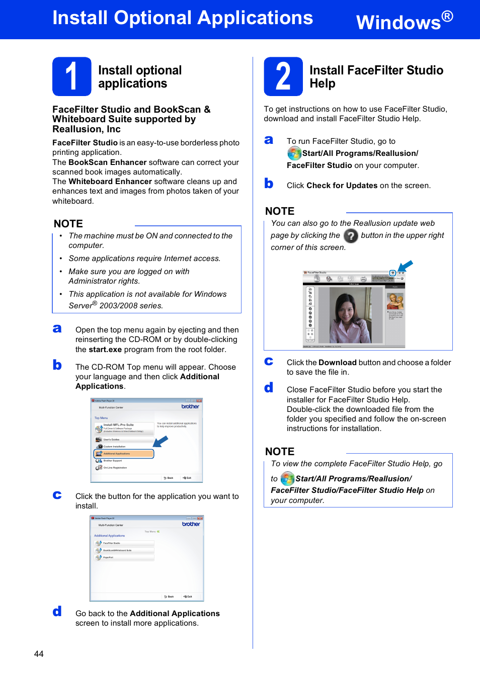 Install optional applications windows, 1 install optional applications, 2 install facefilter studio help | Windows, Install optional applications | Brother MFC-J4710DW User Manual | Page 44 / 46