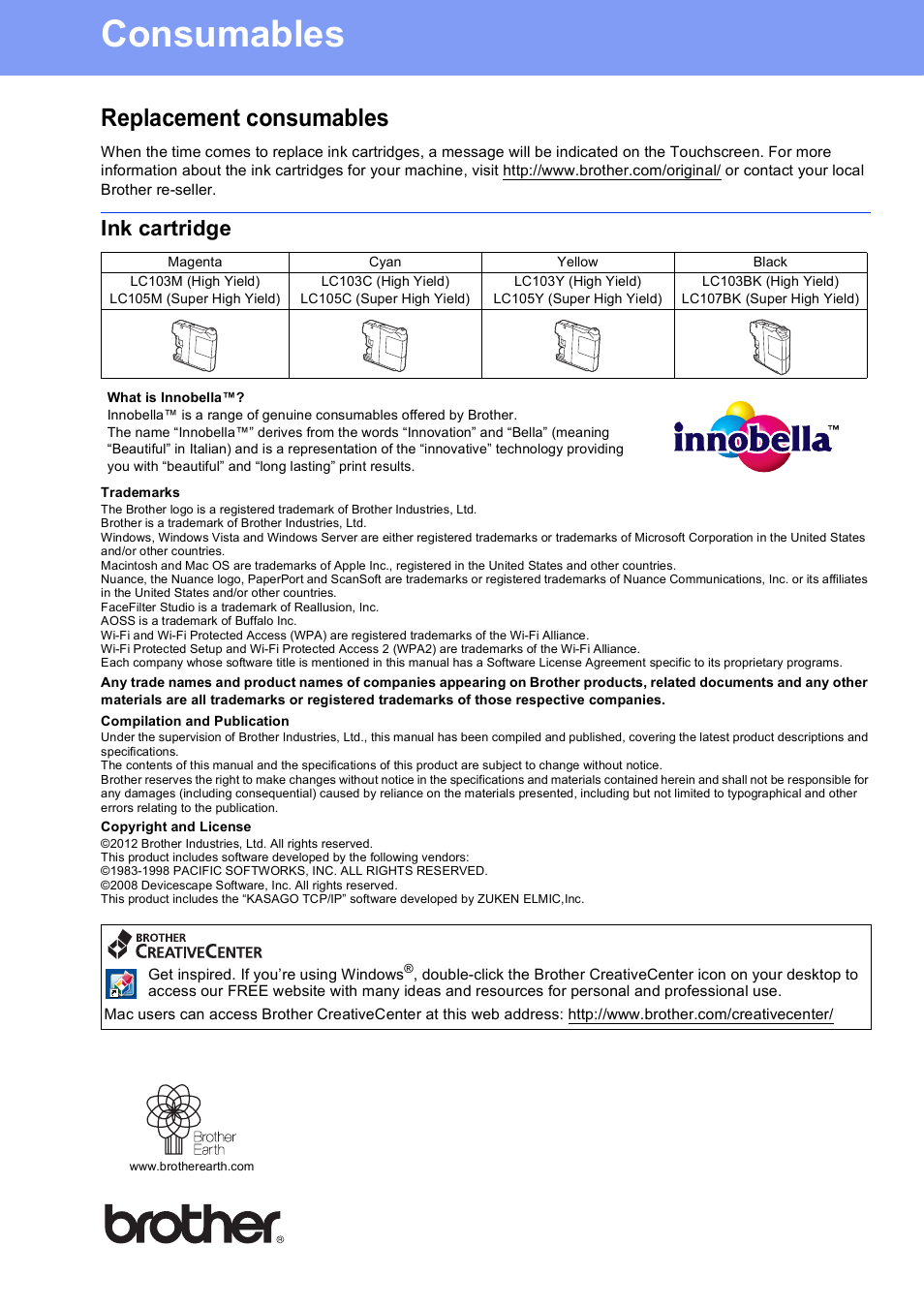 Consumables, Replacement consumables, Ink cartridge | Brother usa/can | Brother MFC-J4710DW User Manual | Page 46 / 46