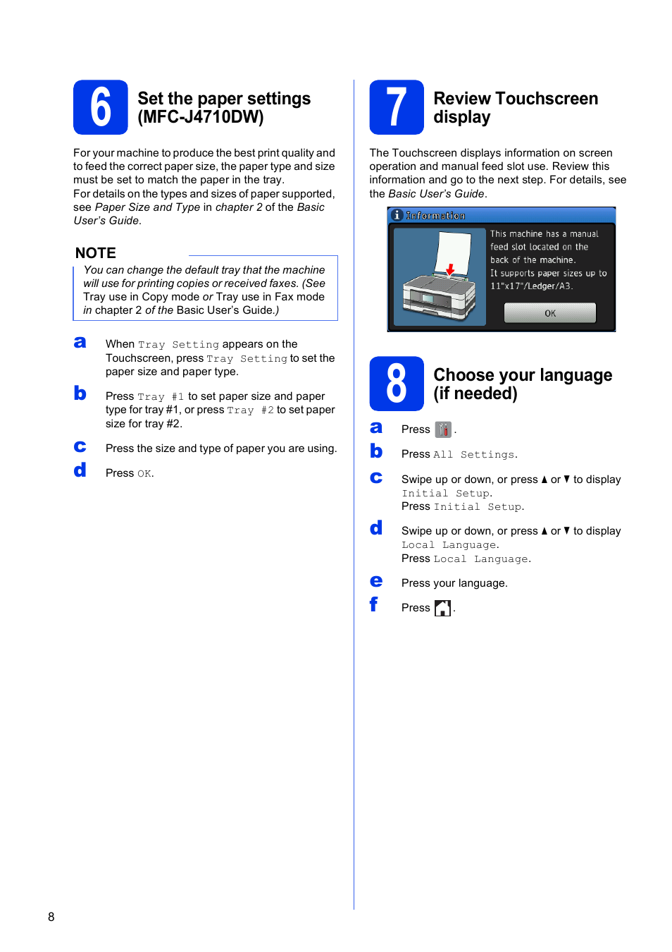 6 set the paper settings (mfc-j4710dw), 7 review touchscreen display, 8 choose your language (if needed) | Brother MFC-J4710DW User Manual | Page 8 / 46