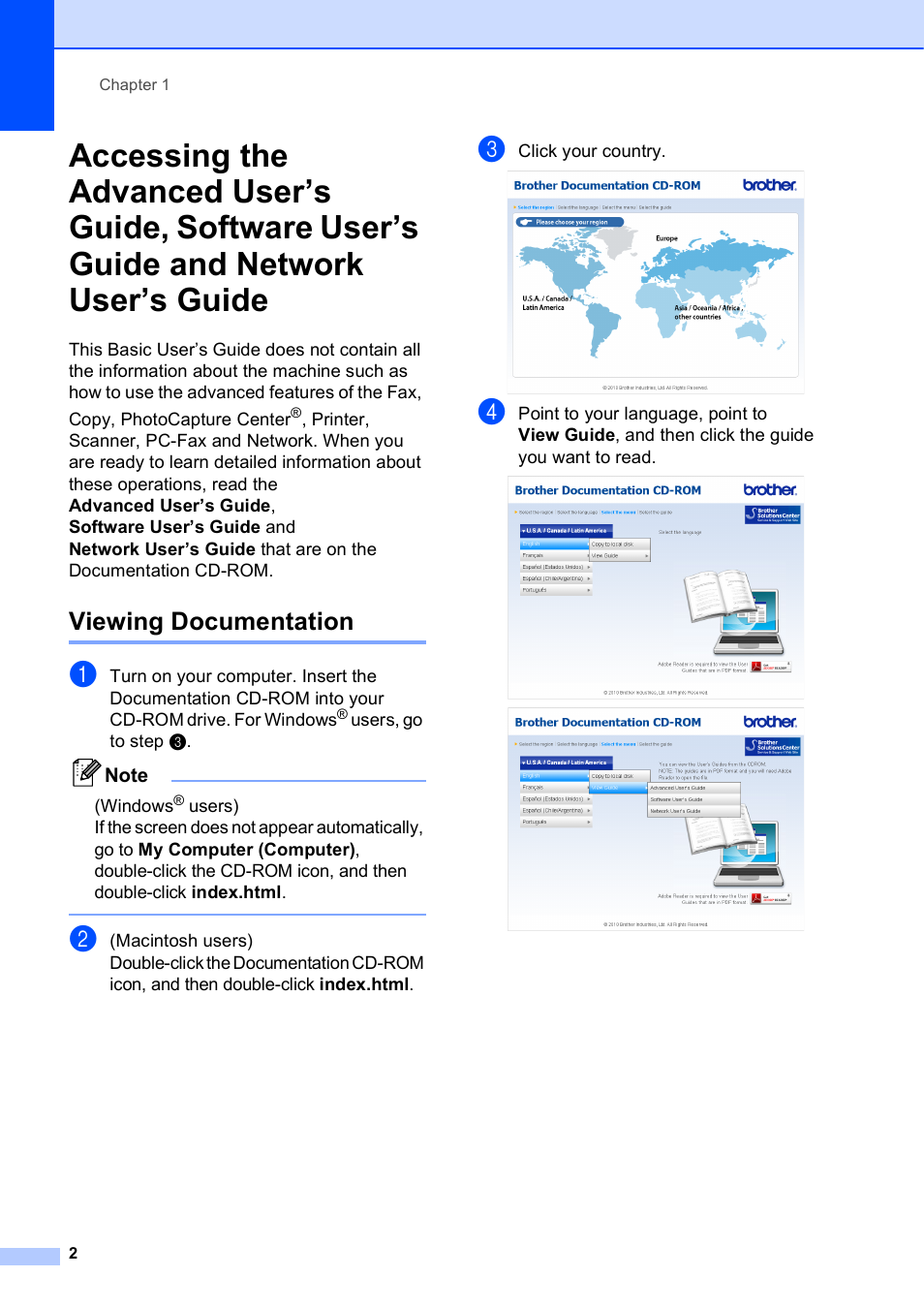 Viewing documentation, Network user’s guide | Brother MFC-J270W User Manual | Page 16 / 122