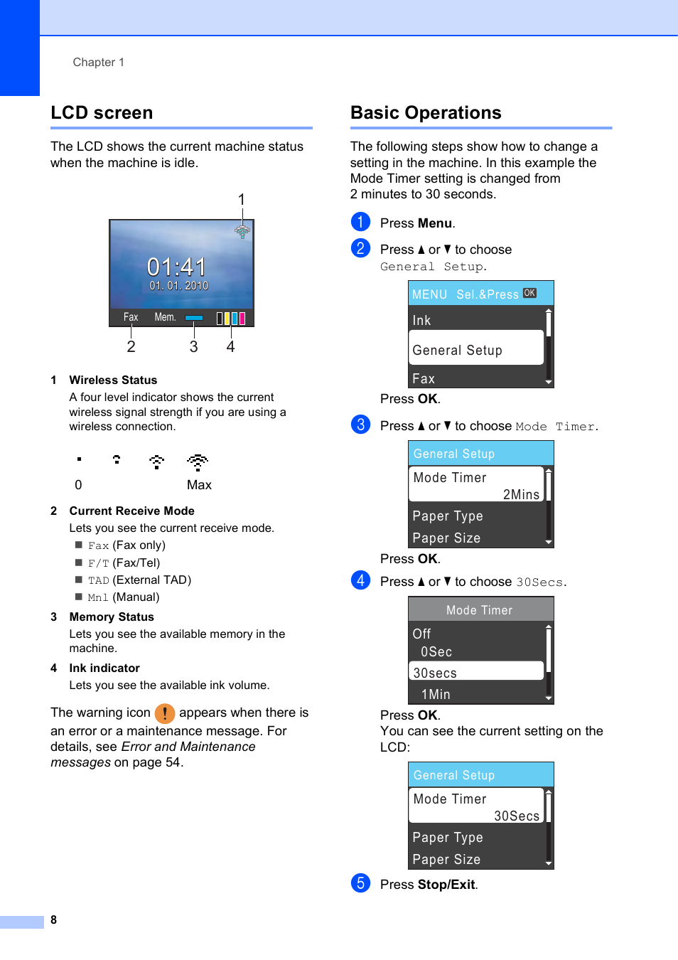 Lcd screen, Basic operations, Lcd screen basic operations | Brother MFC-J270W User Manual | Page 22 / 122