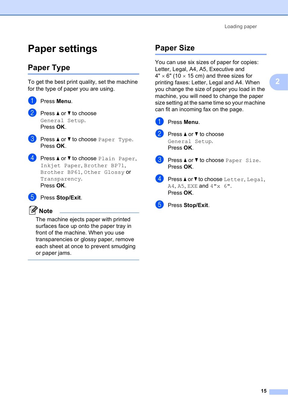 Paper settings, Paper type, Paper size | Paper type paper size | Brother MFC-J270W User Manual | Page 29 / 122