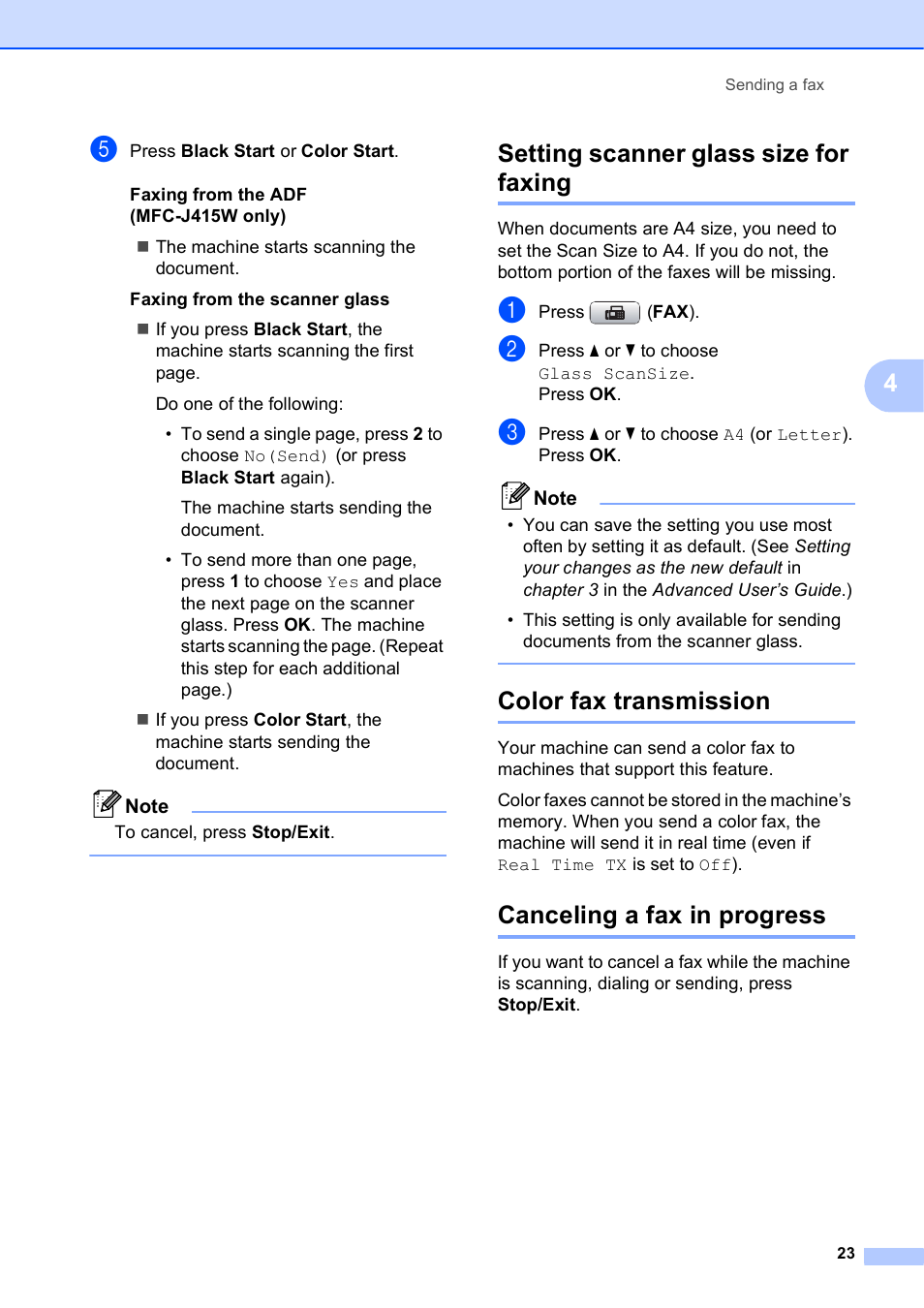 Setting scanner glass size for faxing, Color fax transmission, Canceling a fax in progress | Brother MFC-J270W User Manual | Page 37 / 122