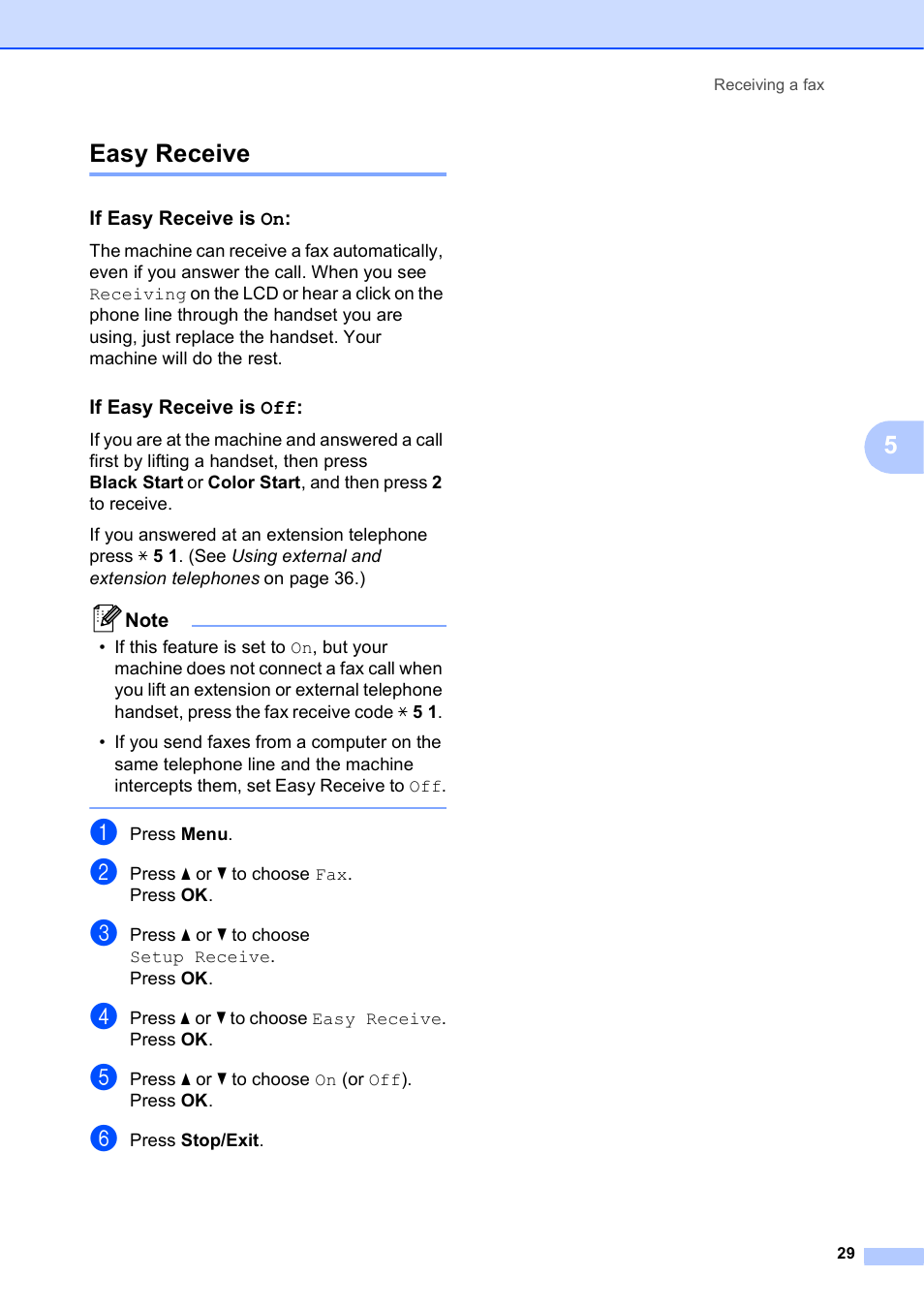 Easy receive, If easy receive is on, If easy receive is off | 5easy receive | Brother MFC-J270W User Manual | Page 43 / 122