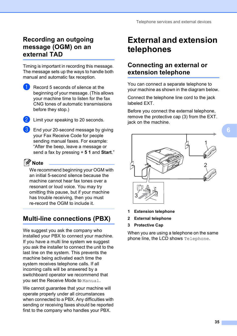 Multi-line connections (pbx), External and extension telephones, Connecting an external or extension telephone | Brother MFC-J270W User Manual | Page 49 / 122