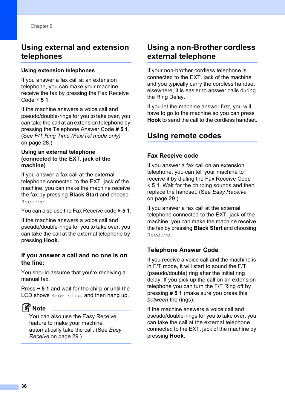 Using external and extension telephones, If you answer a call and no one is on the line, Using a non-brother cordless external telephone | Using remote codes, Fax receive code, Telephone answer code | Brother MFC-J270W User Manual | Page 50 / 122